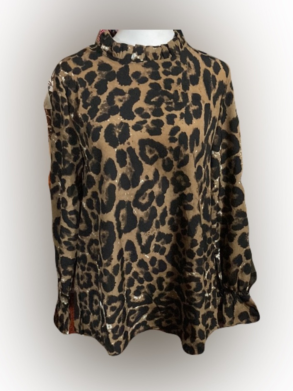 SHEIN Leopard Print Ruffle High Neck Blouse Size Medium Long Sleeve NWOT